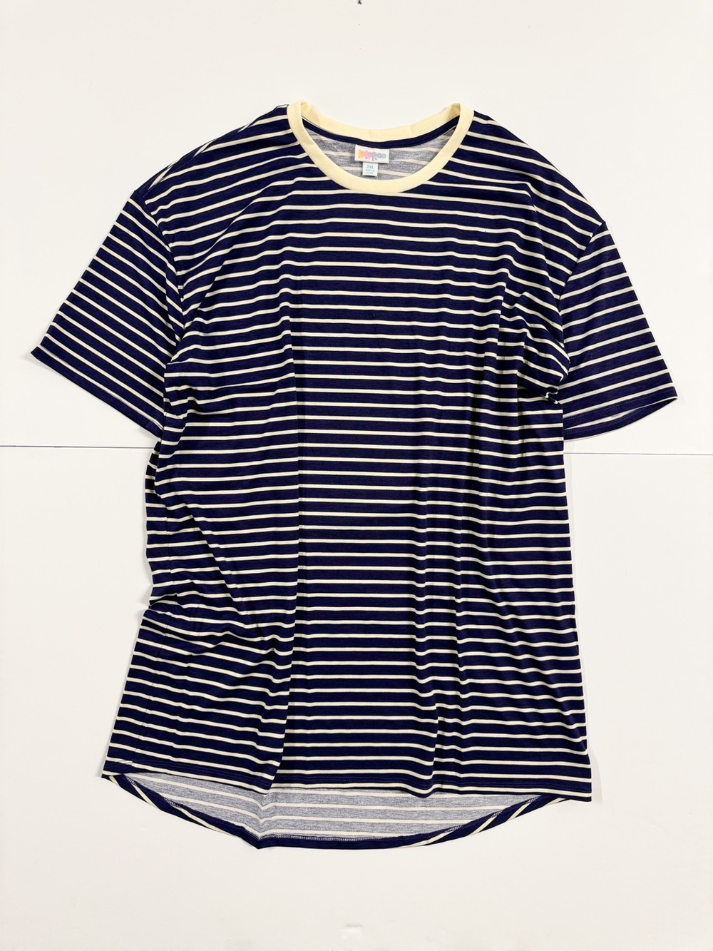 LuLaRoe Navy and Cream Striped Short Sleeve Tee, Long Tshirt